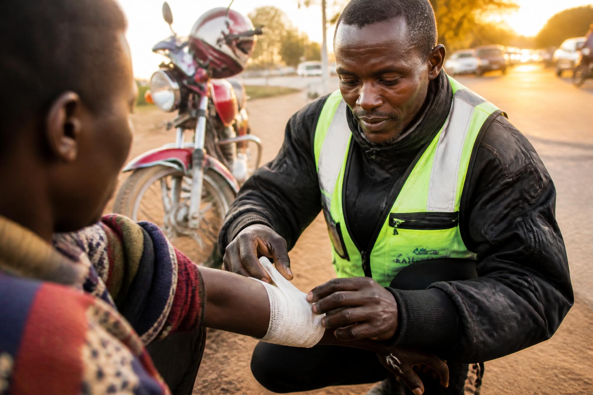 A motorcycle-taxi driver trained as a lay first responder bandages an injured woman's arm at the roadside at sunset